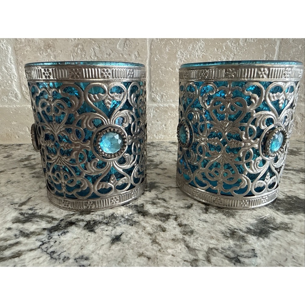 Pair Bombay Company Jeweled Aqua Glass Silver Candle Holders Boho Rhinestone